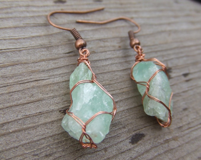 emerald green calcite crystals raw and natural pure copper wire wrapped earrings rough pure color