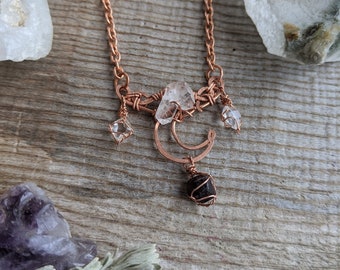 The herkimer diamond and garnet moon statement necklace, garnet crescent moon necklace, quartz moon necklace, statement crystal necklace,