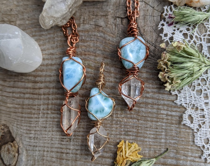 Larimar and clear quartz crystal combo pendant, larimar pendant, larimar necklace, high quality clear quartz pendant, quartz necklace, real