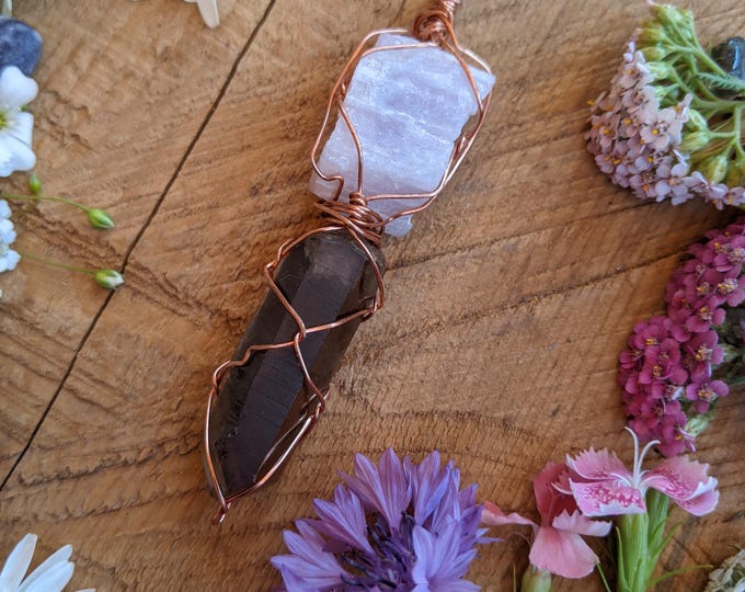Pink kunzite and smokey quartz crystal pendant, natural pink raw kunzite necklace, natural raw rough smokey quartz pendant, natural smokey q