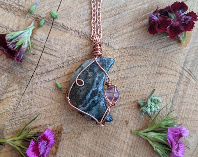 Ocean jasper moon pendant, ocean japser crystal moon, medium crescent moon pendant, jasper necklace, solid copper crystal moon necklace, fl