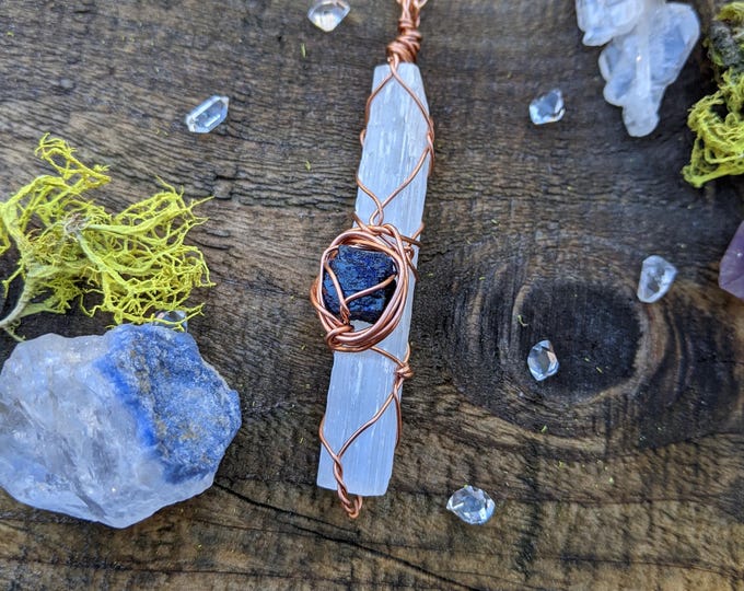 blue azurite crystal on a selenite stick, selenite necklace, azurite necklace, azurite pendant, selenite pendant, natural raw rough crystals