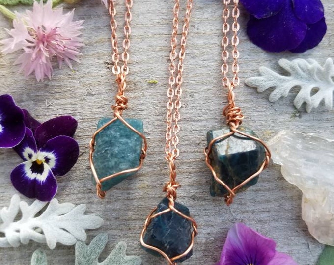 Small raw rough blue apatite crystal pendant, neon blue apatite crystal, natural blue apatite, blue apatite necklace, raw terminated apatite