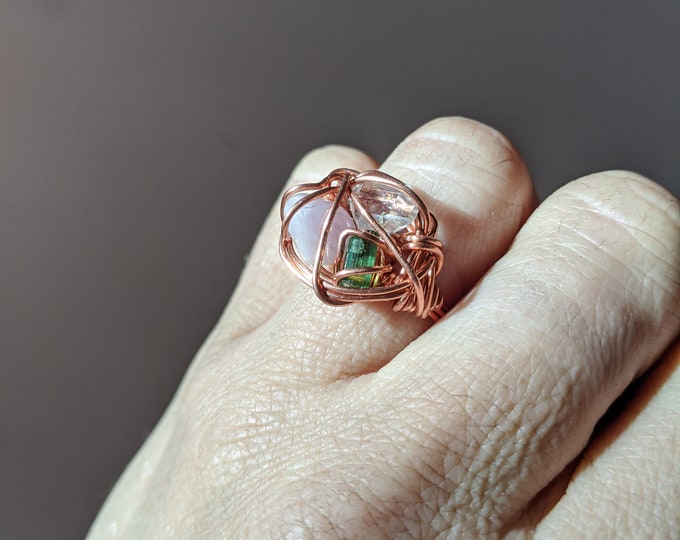 Green tourmaline, kunzite, and Herkimer diamond crystal ring, raw gemstone ring, garnet ring, ruby ring,er crystal ring, natural raw rough