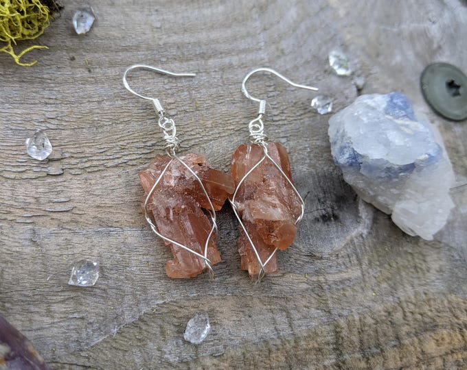 red aragonite star earrings, raw rough natural aragonite crystal earrings, raw rough natural aragonite crystals, natural aragonite jewelry