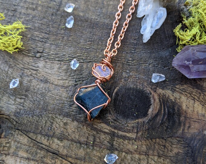 rainbow opal and blue apatite crystal pendant, natural rainbow opal necklace, blue apatite necklace, raw rough all natural opal and apatite