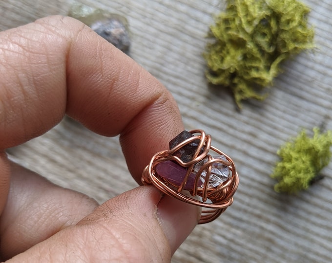 garnet, ruby, and Herkimer diamond crystal ring, raw gemstone ring, garnet ring, ruby ring, copper crystal ring, natural raw rough ring