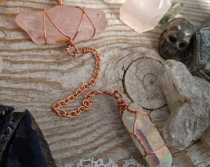Raw rough natural rose quartz pendulum necklace, angel aura pendulum, natural crystal pendulum