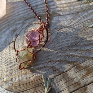 Amethyst and fluorite crystal pendant, mini amethyst and fluorite pendant, mini raw rough crystal pendant, mini amethyst necklace, mini fluo
