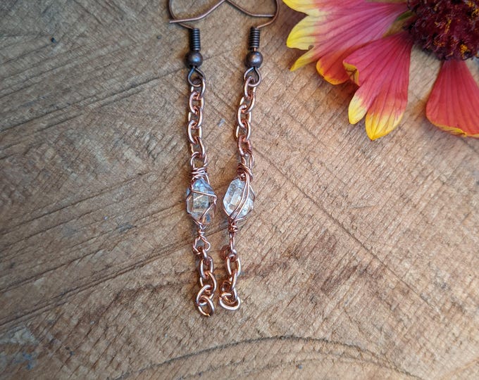 Herkimer diamond dangle earrings, copper chain earrings, copper herkimer crystal earrings, herkimer jewelry, solid copper herkimer earrings