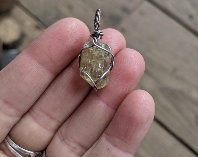 Golden apatite crystal pendant in antiqued silver, sterling silver apatite pendant, silver apatite necklace natural raw rough yellow apatite