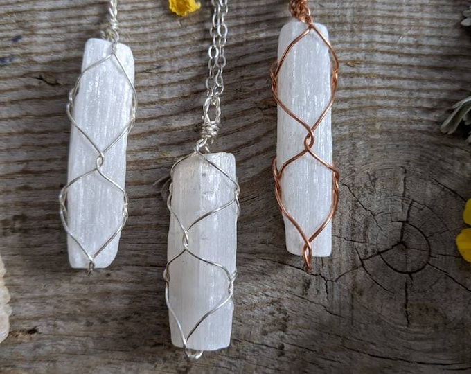 Small selenite crystal pendant, selenite crystal necklace, pure copper raw rough selenite crystal, selenite wand pendant, selenite stick