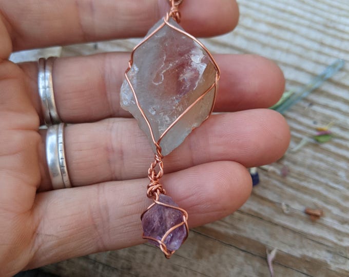 Light blue  and orange topaz and elestial amethyst pendant, raw topaz pendant, raw amethyst necklace, rare amethyst crystal necklace, natura