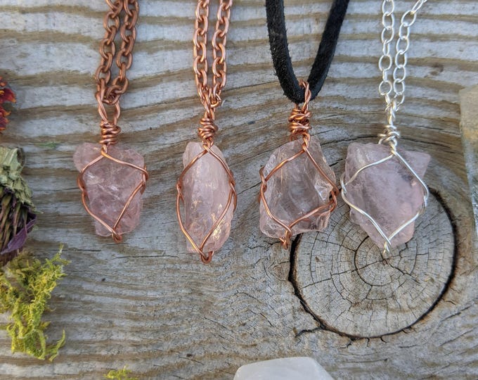 mini raw rough natural rose quartz crystal wire wrapped pendant, rose quartz necklace, natural rose quartz jewelry, pink quartz necklace, ra