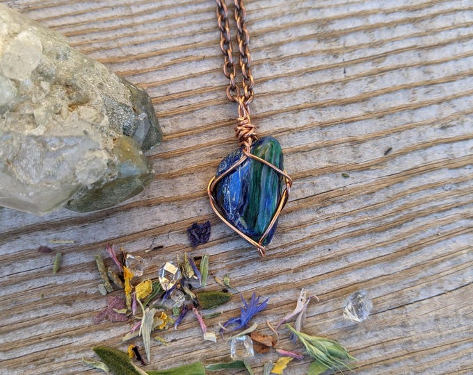 beautiful high quality polished fibrous chatoyant malachite and azurite combo pendant, azurite pendant, malachite pendant, natural malachite
