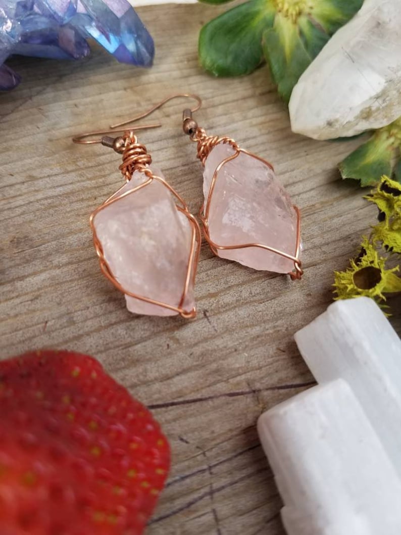 Rose quartz earrings, raw natural rough rose quartz crystals, pink quartz earrings, large chunky earrings, pure copper wire wrapped earrings image 2