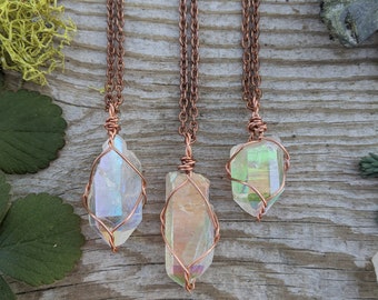 HIGH QUALITY medium Angel Aura quartz crystal point wire wrapped in pure copper pendant necklace with adjustable leather chord or chain