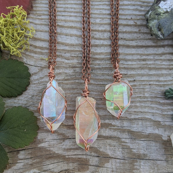 HIGH QUALITY medium Angel Aura quartz crystal point wire wrapped in pure copper pendant necklace with adjustable leather chord or chain