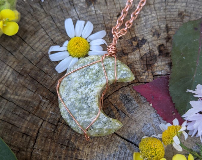 Natural serpentine crystal moon pendant, natural serpentine necklace, serpentine pendant, polished serpentinite pendant, rough moon carved p