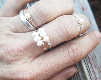 White Fresh water pearl Crystal ring- made to order, white pearl ring, pearl ring, natural pearl ring, pearl stone ring