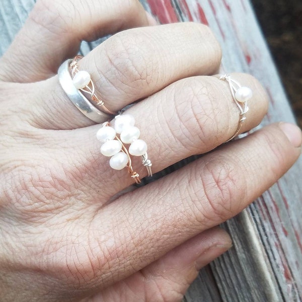 White Fresh water pearl Crystal ring- made to order, white pearl ring, pearl ring, natural pearl ring, pearl stone ring