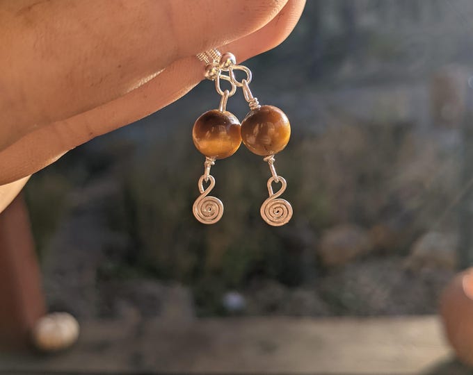 Tigerseye crystal earrings, silver swirly tigerseye earrings, tiger eyes earrings, tigers eye earrings, silver crystal earrings, silver swir