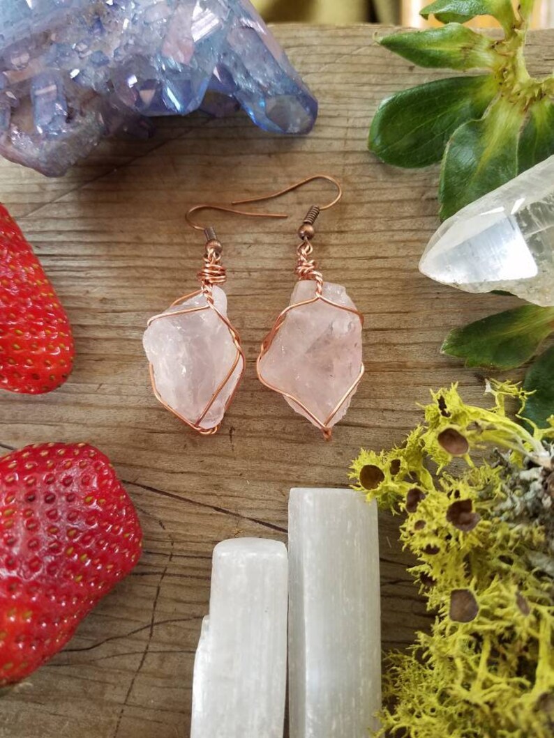 Rose quartz earrings, raw natural rough rose quartz crystals, pink quartz earrings, large chunky earrings, pure copper wire wrapped earrings image 7