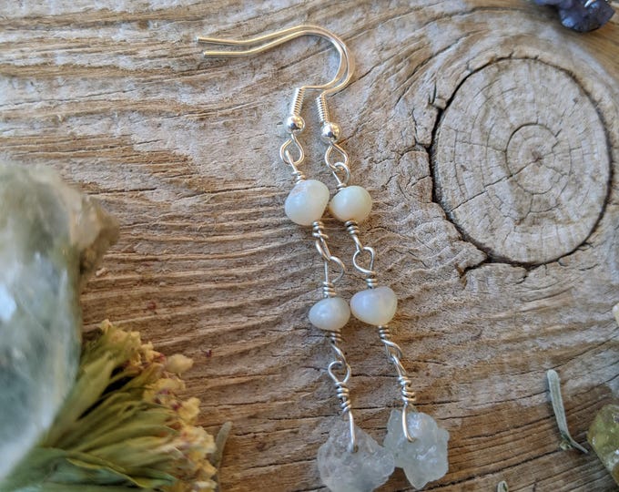 Rainbow opal and aquamarine sterling silver drop earrings, natural rainbow opal earrings, natural aquamarine earrings, raw aquamarine jewelr