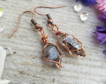 RAW NATURAL dainty herkimer diamond earrings, copper black herkimer diamond crystal earrings, petroleum quartz crystals, tourmaline inclusio