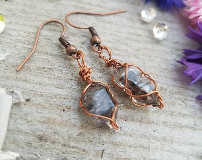 RAW NATURAL dainty herkimer diamond earrings, copper black herkimer diamond crystal earrings, petroleum quartz crystals, tourmaline inclusio