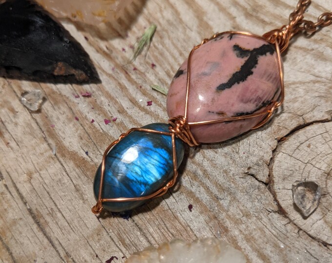 Rhodonite labradorite pendant, pink rhodonite pendant, natural blue labradorite pendant, rhodonite and labradorite necklace, handmade lab