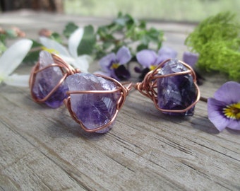 Raw amethyst crystal point ring, a perfect little amethyst point, copper amethyst ring, wire wrapped amethyst ring, sterling silver amethyst