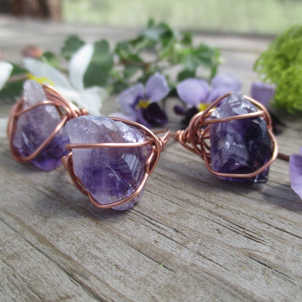 Raw amethyst crystal point ring, a perfect little amethyst point, copper amethyst ring, wire wrapped amethyst ring, sterling silver amethyst