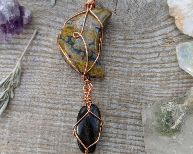 Ocean jasper moon and sheen obsidian pendant, ocean japser crystal moon, medium crescent moon pendant, jasper necklace, solid copper crystal