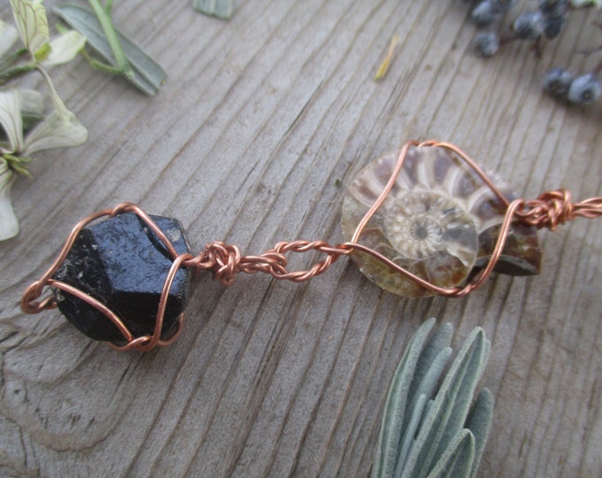 Ammonite and Black Tourmaline Crystal Pendant | Protection Amulet | Gemstone Necklace | Handcrafted Jewelry, ammonite necklace, tourmaline p