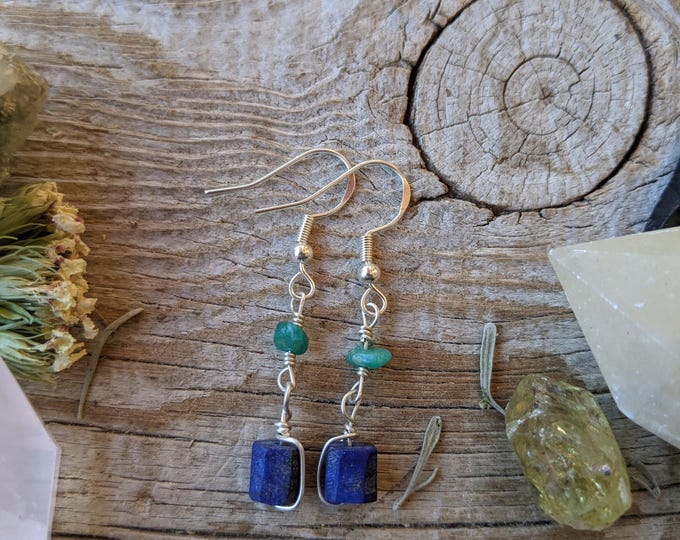 Lapis lazuli and Amazonite crystal earrings, lapis lazuli earrings, amazonite  earrings, lapis crystal earrings, lapis earrings, natural lap