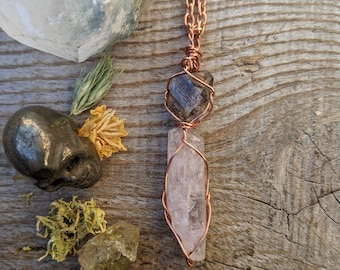Carbon herkimer diamond and pink kunzite crystal pendant, natural kunzite pendant, kunzite necklace, UV glowing petroleum quartz crystal