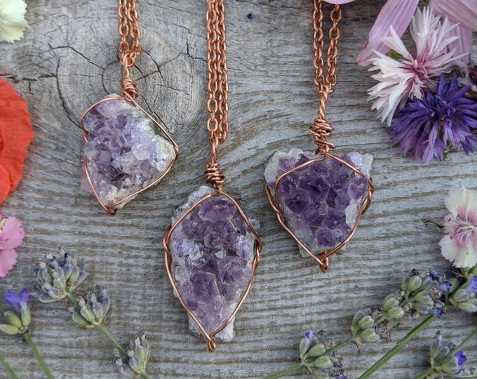 Featured listing image: small raw amethyst cluster pendant, natural raw rough amethyst cluster neckalce, amethyst pendant, druzy amethyst neckalce, geode pendant