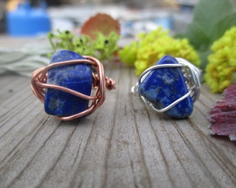 Natural Lapis Lazuli crystal ring, lapis lazuli ring, sterling silver lapis ring, copper lapis ring, made to order, choose your size, denim