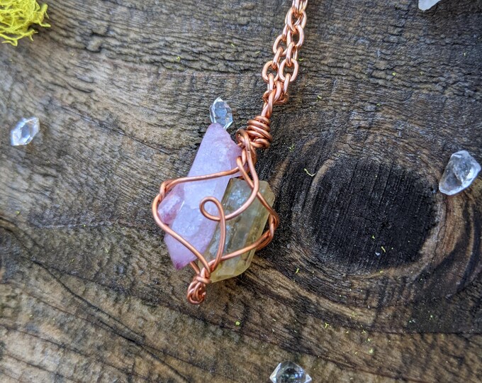golden apatite and rose aura quartz crystal combo pendant, natural golden apatite crystal pendant, apatite necklace, gold apatite, rainbow
