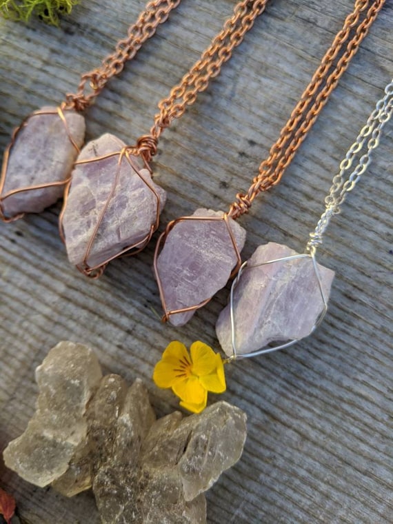 Small Stunning pink Kunzite crystal pendants, medium pink purple kunzite stones, raw natural kunzite, genuine pink kunzite color, copper