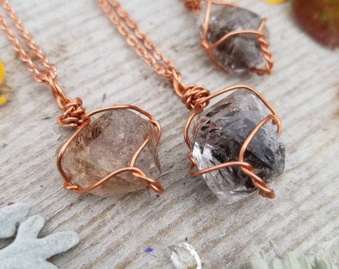 Raw large double terminated carbon included herkimer diamond crystal pendant, petroleum quartz pendant, uv reactive crystal necklace diamond