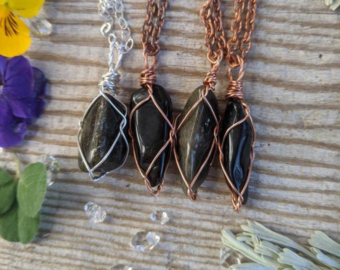 Small sheen Obsidian crystal pendant, sheen Obsidian necklace, natural silver sheen Obsidian crystal necklace, black and silver copper silv