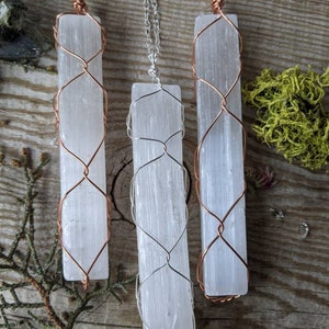extra large selenite crystal pendant, selenite crystal necklace, pure copper raw rough selenite crystal, selenite wand pendant, selenite sti