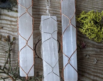 extra large selenite crystal pendant, selenite crystal necklace, pure copper raw rough selenite crystal, selenite wand pendant, selenite sti