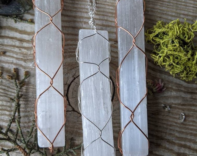 extra large selenite crystal pendant, selenite crystal necklace, pure copper raw rough selenite crystal, selenite wand pendant, selenite sti