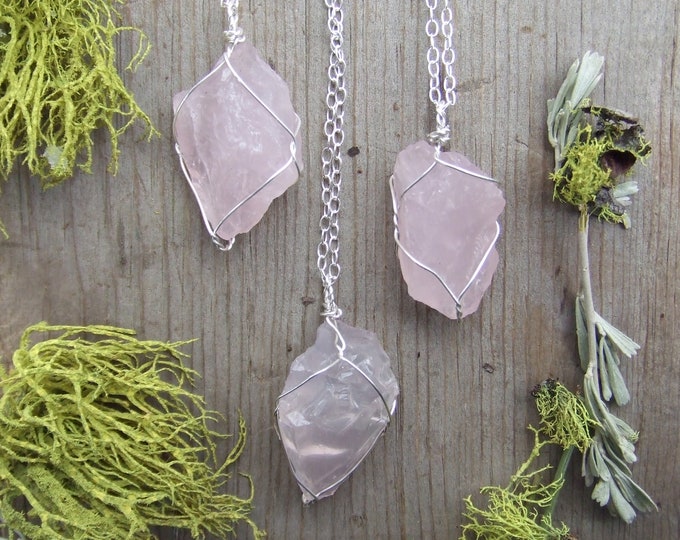 Raw Rose Quartz pendant wire wrapped, sterling silver rose quartz necklace, rose quartz on a sterling chain or leather chord, pink quartz