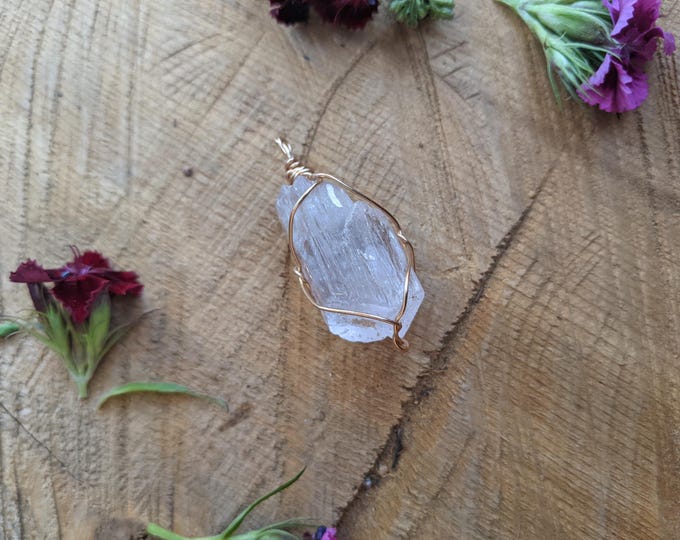 Medium raw rough kunzite crystal pendant in bronze gold, raw, rough all natural kunzite chunk pendant, kunzite crystal pendant, natural raw