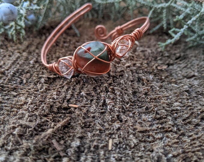 bloodstone and herkimer diamond crystal bracelet, natural african bloodstone bracelet, herkimer diamond bracelet, natural herkimer diamond c