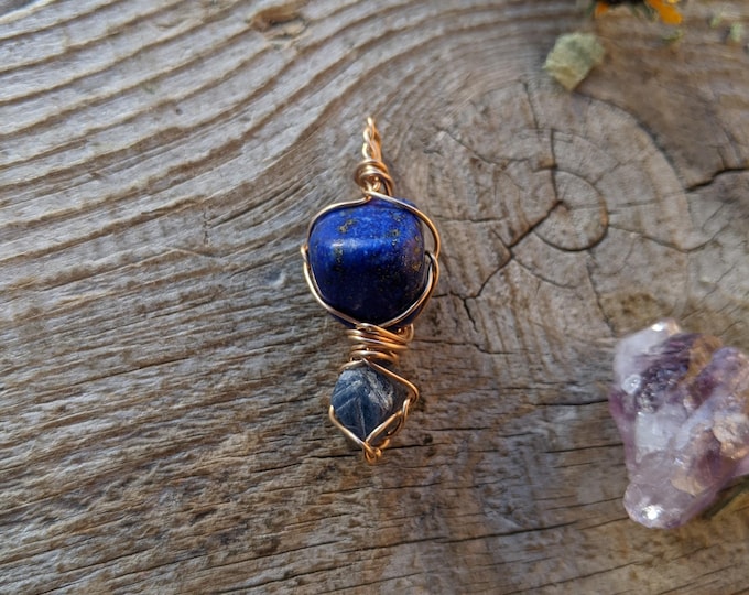 Lapis lazuli and record keeper sapphire crystal pendant, natural sapphire pendant, natural lapis lazuli pendant, raw sapphire crystal, blue
